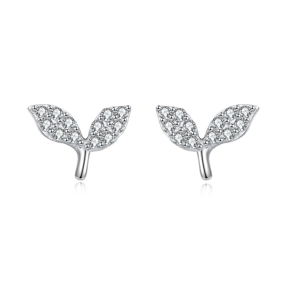925 Sterling Silver Elegant Whale Tail Stud Earrings Silver Zircon-paved Delicate Jewelry