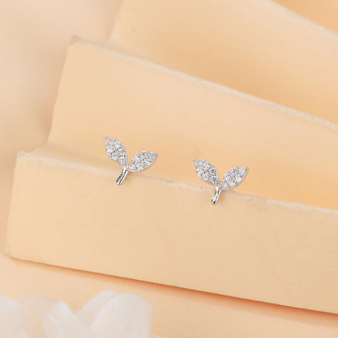 925 Sterling Silver Elegant Whale Tail Stud Earrings Silver Zircon-paved Delicate Jewelry