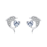 925 Sterling Silver Elegant Silver Dolphin Earrings With Heart-shaped Zircon Accents