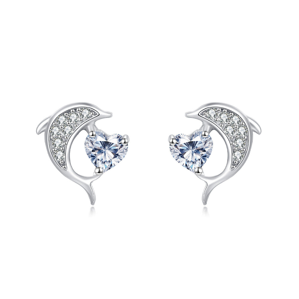 925 Sterling Silver Elegant Silver Dolphin Earrings With Heart-shaped Zircon Accents