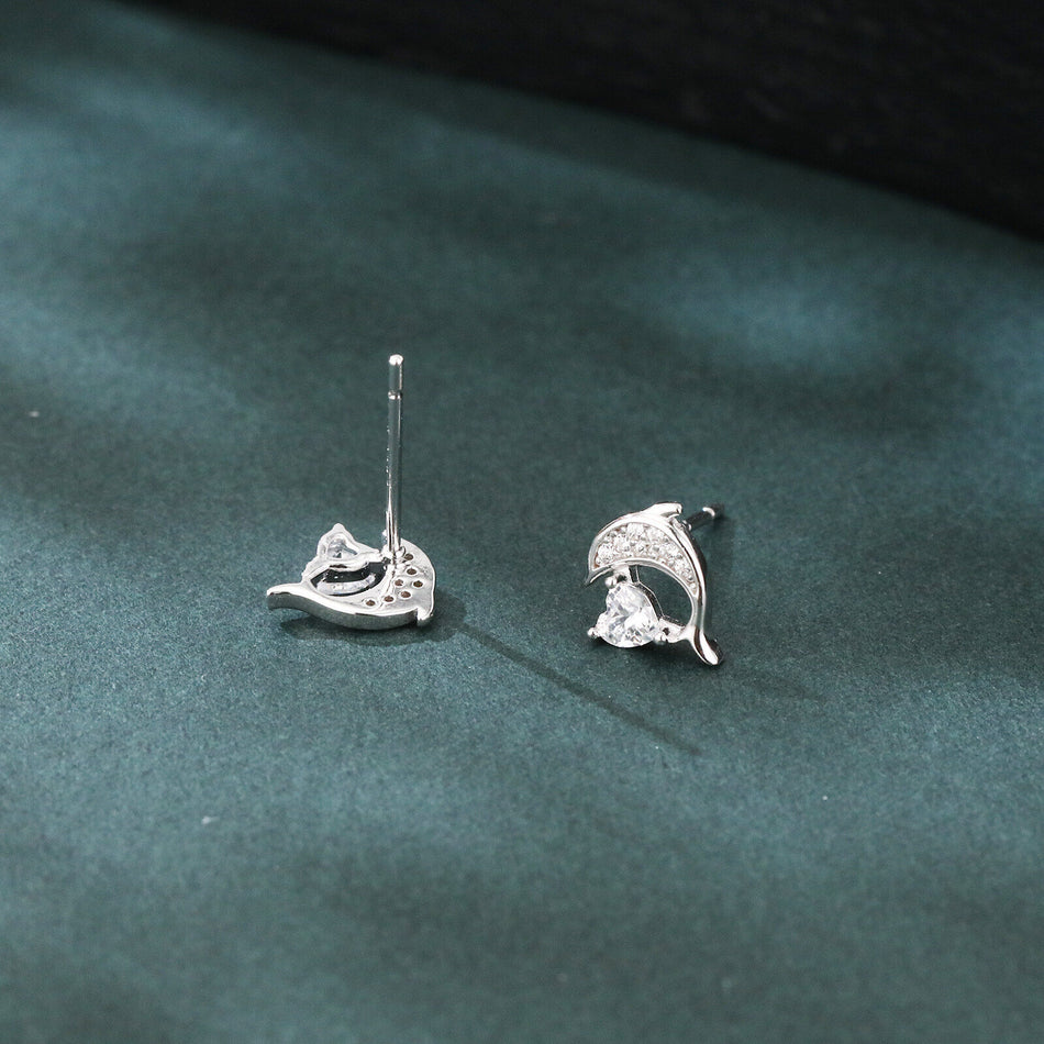 925 Sterling Silver Elegant Silver Dolphin Earrings With Heart-shaped Zircon Accents