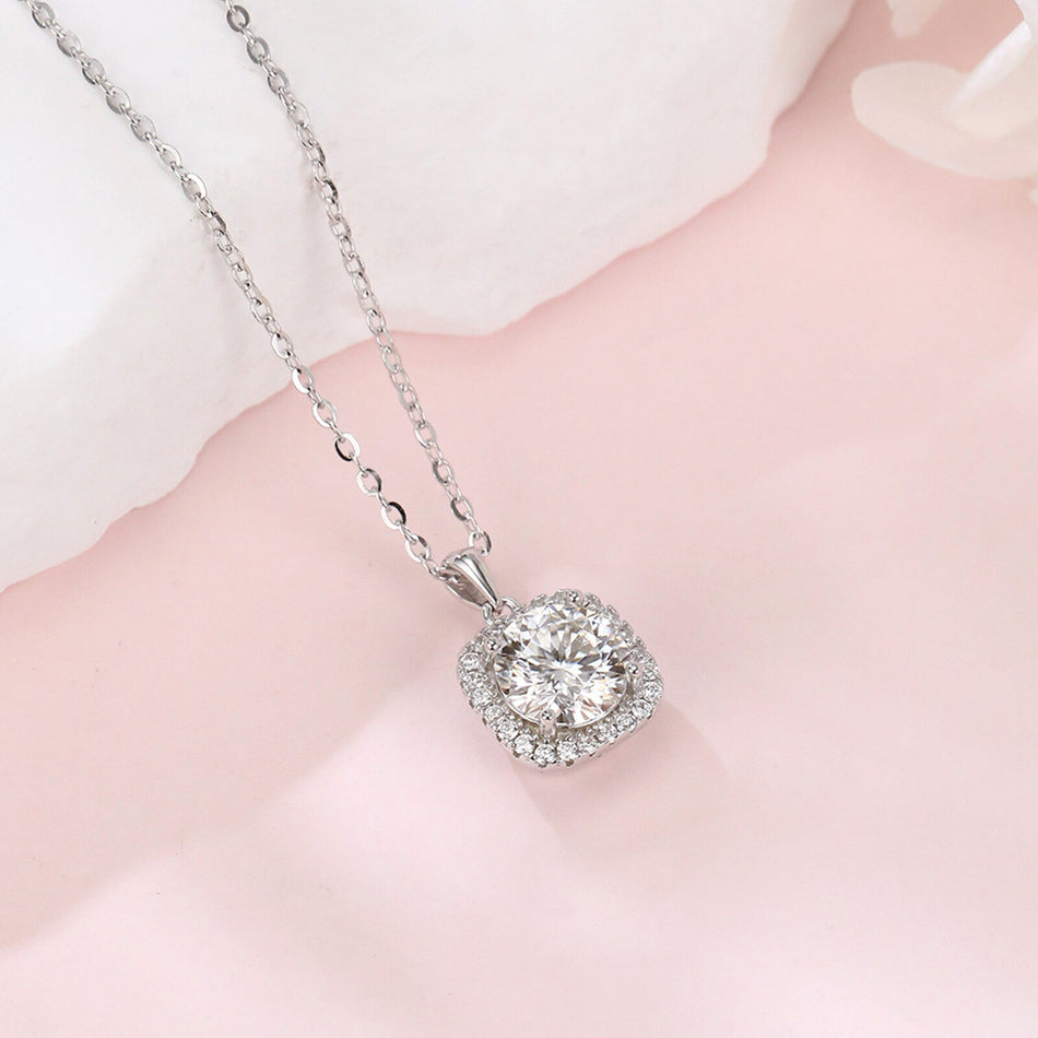 925 Sterling Silver Elegant Square Cushion Cut Moissanite Halo Pendant Necklace In Sterling Silver