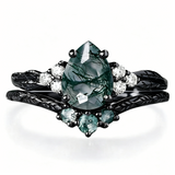 Sterling Silver 2CT Moss Agate  Engagement Wedding Ring Sets for Women