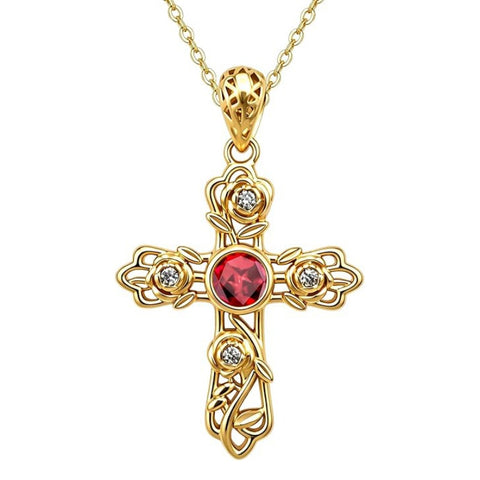 14K Gold Plated Round Cubic Zirconia Filigree Rose Cross Necklace for Women