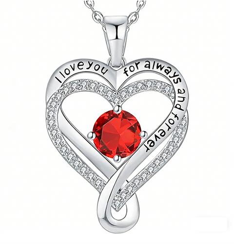 Sterling Silver 12 Month Birthstone Double Heart Pendant Necklace  Engraved with I Love You for Always and Forever