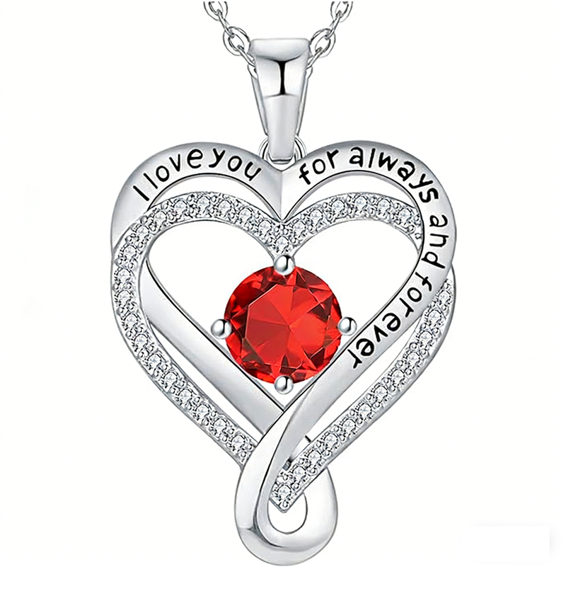 Sterling Silver 12 Month Birthstone Double Heart Pendant Necklace  Engraved with I Love You for Always and Forever