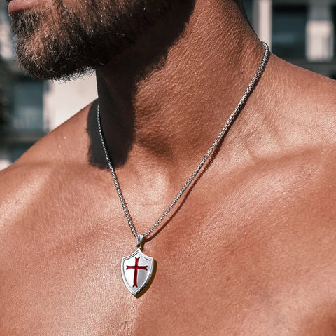 Sterling Silver Knights Templar & Cross Shield Pendant Necklace for Men