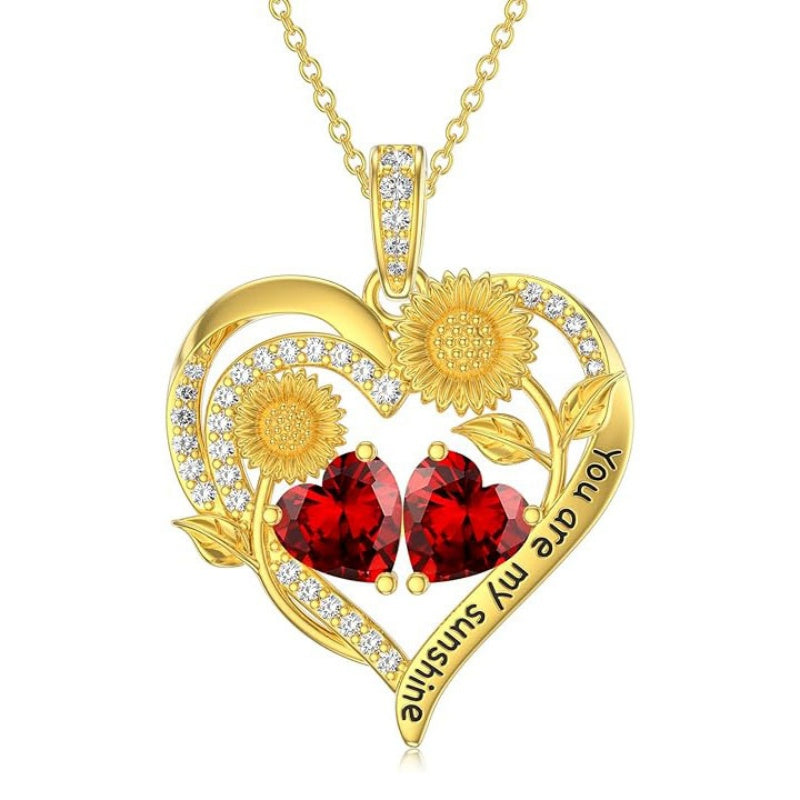 Double Birthstone Necklace 14K Gold Plated You Are My Sunshine Sunflower Necklace Heart Pendant Necklace