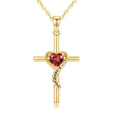 14K Gold Plated Dainty Heart Birthstone Pendant Cross Necklace for Women Religious Gift