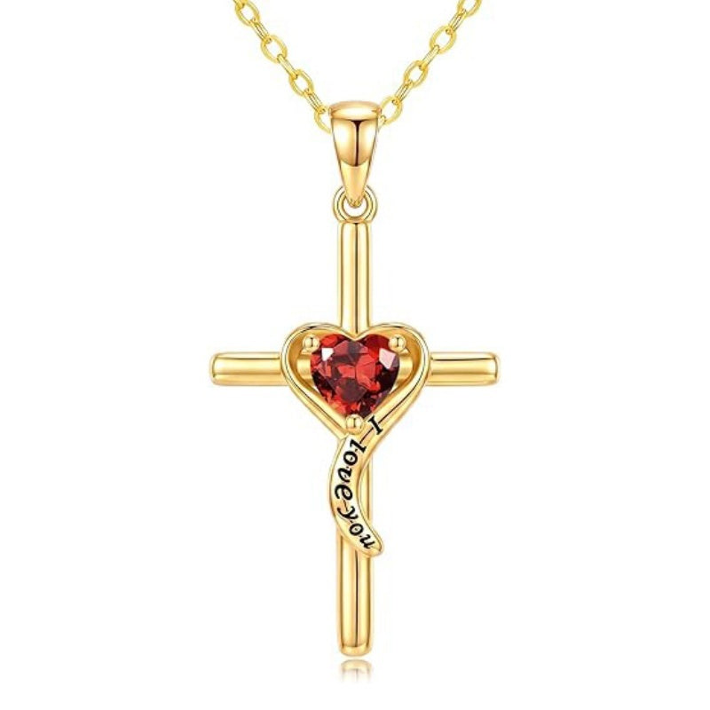 14K Gold Plated Dainty Heart Birthstone Pendant Cross Necklace for Women Religious Gift