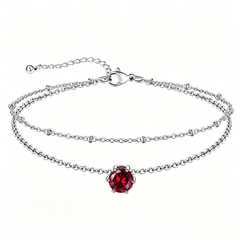 Sterling Silver  Round Birthstone Double Layer Charm Anklet