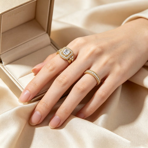 14K Gold Plated 2CT Cubic Zirconia  Halo Engagement Ring Wedding Band Bridal Sets for Women