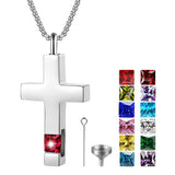 Stainless Steel Birthstones Cross Urn Necklaces for Ashes