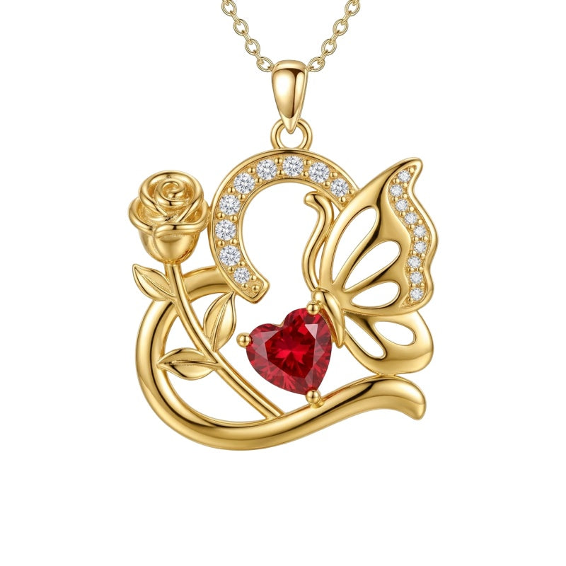 14K Gold Plated Heart Birthstone Rose Mom Butterfly Pendant Necklace for Women