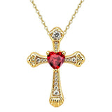 14K Gold Plated Heart Cut Cubic Zirconia Cross  Pendant Necklace For Women Religious Faith Jewelry