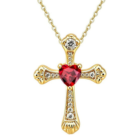 14K Gold Plated Heart Cut Cubic Zirconia Cross  Pendant Necklace For Women Religious Faith Jewelry