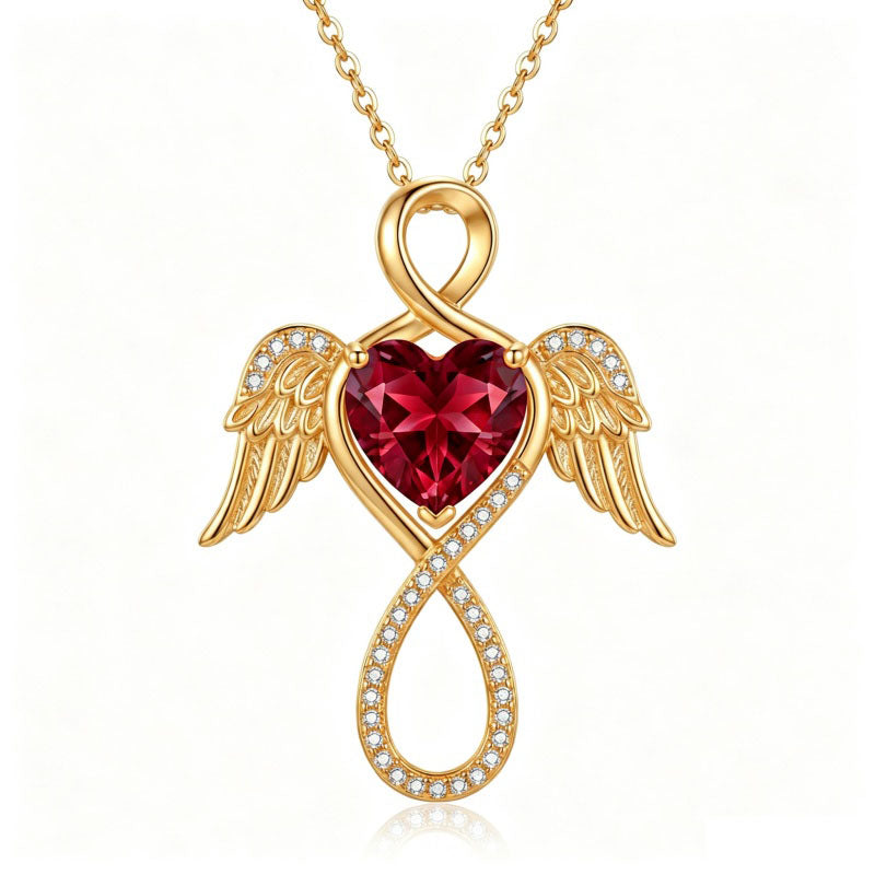 14K Gold Plated 12-Month Birthstone Infinity Angel Wings Pendant Necklace for Women
