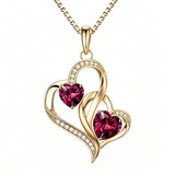 14K Gold Plated Double Heart Birthstone Necklace Anniversary Birthday Gifts