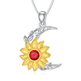 Sterling Silver Birthstone Sunflower & Moon Pendant Necklace