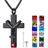 Stainless Steel Birthstones Urn Necklaces for Ashes Cross Cremation Pendant for Men Women Memorial Keepsake Jewelry