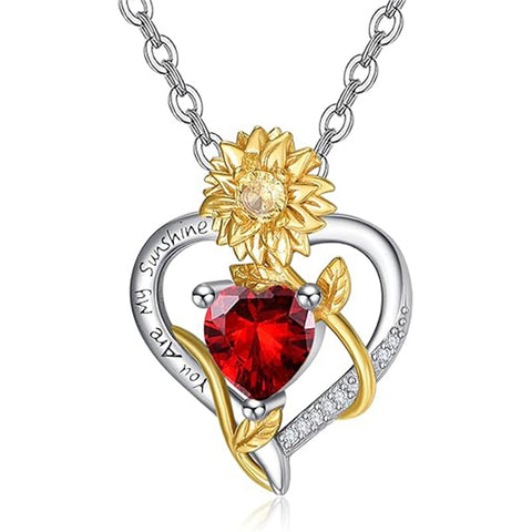 Sterling Sliver Birthstone Love Heart & Sunflower Pendant Necklace Engraved With You Are My Sunshine