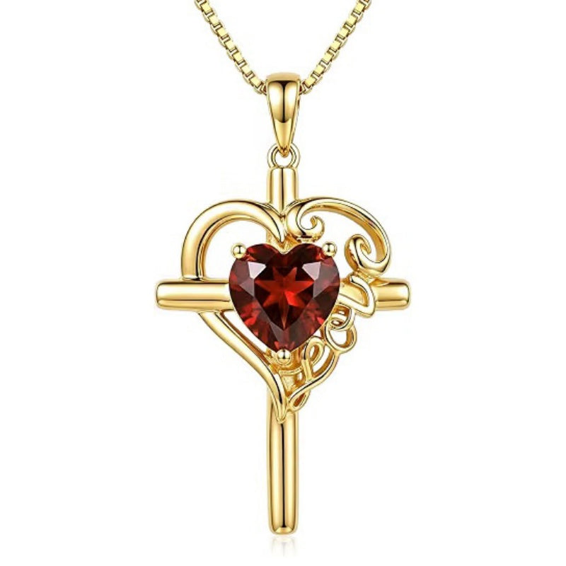 14K Gold  Plated Heart Shape Birthstone  Love Cross Necklace for Women Religious Jewelry