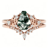 Sterling Silver 10K 14K  18K Gold Personalized Engraved Moss Agate Gothic Promise Wedding Engagement Black Ring Set