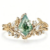 Sterling Silver 2CT Moss Agate  Engagement Wedding Ring Sets for Women