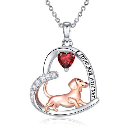 Sterling Silver Heart Birthstone  Dachshund Pendant Necklace