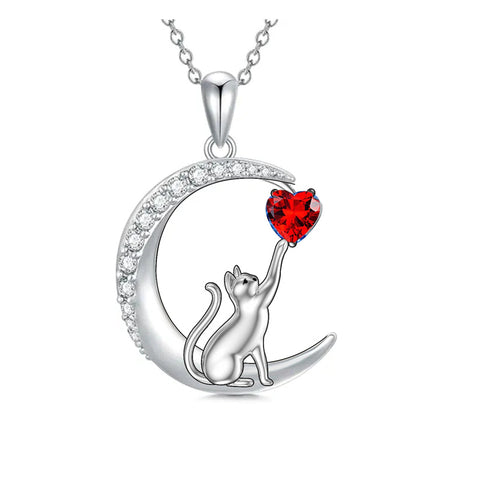 Sterling Silver Heart Birthstone Cat Pendant Necklace