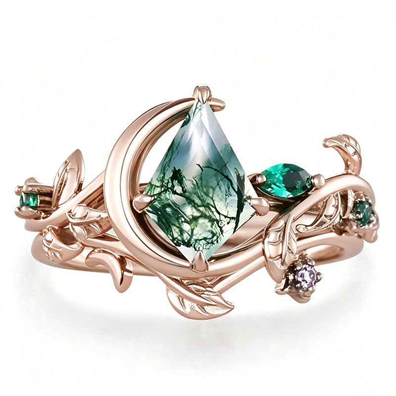 Sterling Silver 2CT Moss Agate  Engagement Wedding Ring Sets for Women