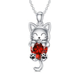 Sterling Silver Heart Birthstone Cat Pendant Necklace