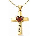 14K Gold Plated Heart Birthstone Cross Necklace for Women Engraved with Faith