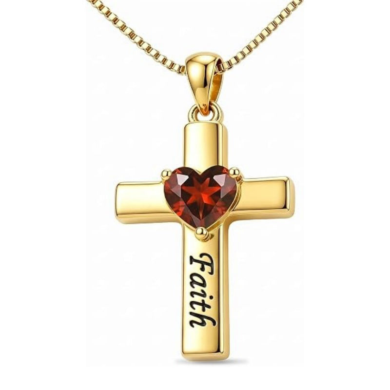 14K Gold Plated Heart Birthstone Cross Necklace for Women Engraved with Faith