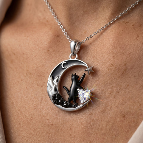 Sterling Silver Heart Birthstone Moon Star Black Cat Pendant Necklace