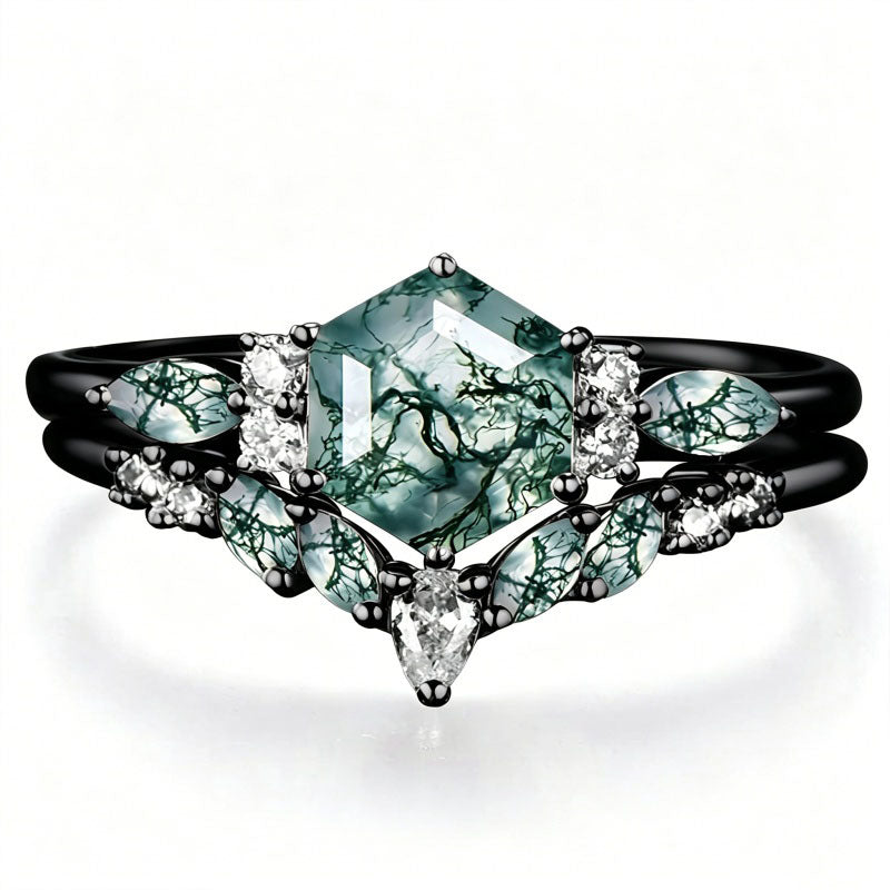 Sterling Silver 2CT Moss Agate  Engagement Wedding Ring Sets for Women