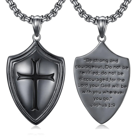 Sterling Silver Knights Templar & Cross Shield Pendant Necklace for Men