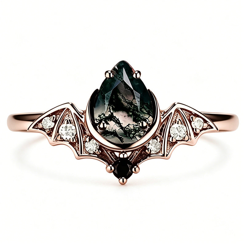 Sterling Silver 10K 14K  18K Gold Personalized Engraved Moss Agate Gothic Promise Wedding Engagement Black Ring Set