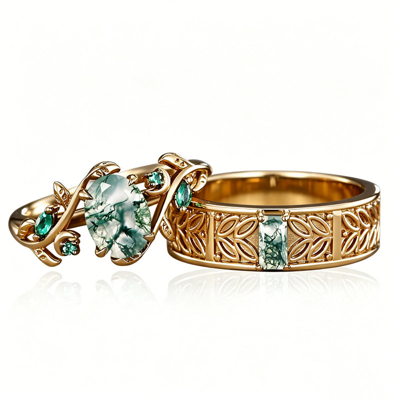 Sterling Silver 10K 14K 18K Gold Natural Leaf  Moss Agate Engagement Anniversary Couple Ring Sets
