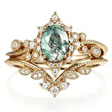 Sterling Silver 2CT Moss Agate  Engagement Wedding Ring Sets for Women