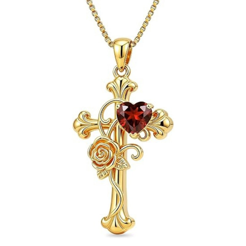 14K Gold Plated Heart Shape Birthstone Rose Flower Cross Necklace for Women  Religious Christian Jewelry