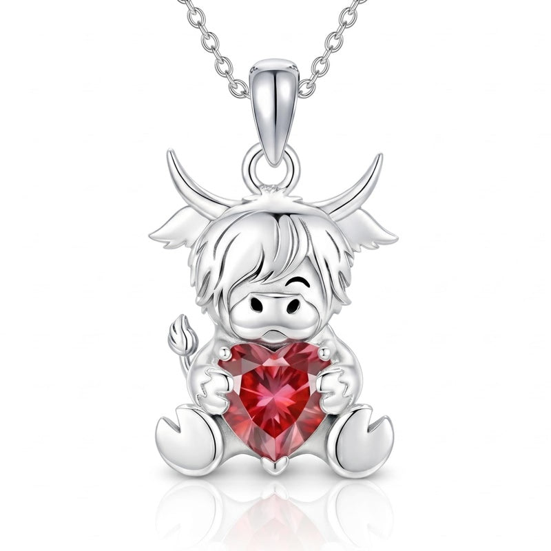Sterling Silver Birthstone Highland Cow Pendant Necklace Birthday Christmas Gift