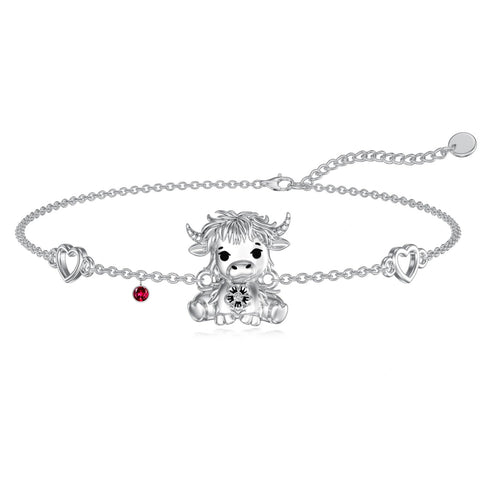 Sterling Silver Birthstone Highland Cow Single Layer Anklet