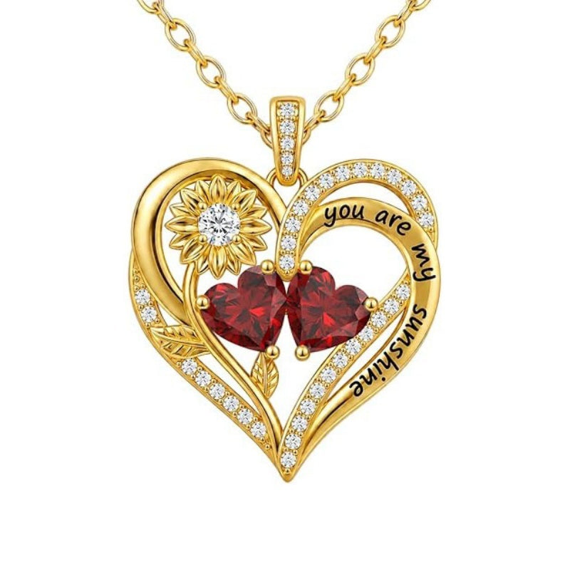 Double Birthstone Necklace 14K Gold Plated You Are My Sunshine Sunflower Necklace Heart Pendant Necklace