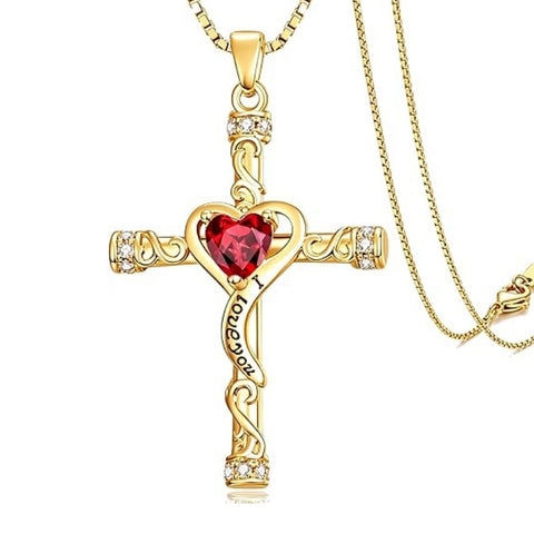 14K Gold Plated Heart Cut Cubic Zirconia Cross  Pendant Necklace For Women Religious Faith Jewelry