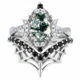 Sterling Silver 10K 14K  18K Gold Personalized Engraved Moss Agate Gothic Promise Wedding Engagement Black Ring Set