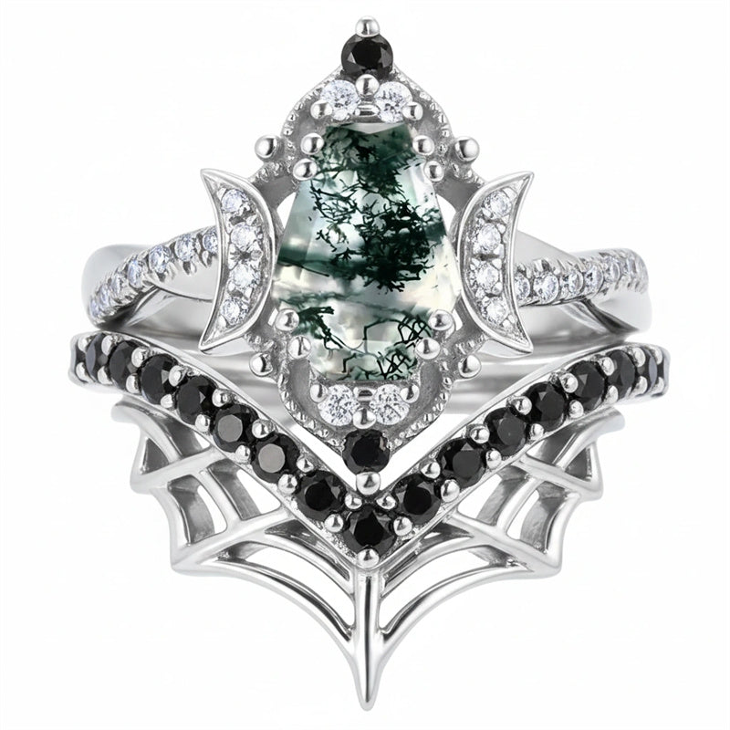 Sterling Silver 10K 14K  18K Gold Personalized Engraved Moss Agate Gothic Promise Wedding Engagement Black Ring Set