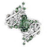 Sterling Silver 10K 14K  18K Gold Personalized Engraved Moss Agate Gothic Promise Wedding Engagement Black Ring Set