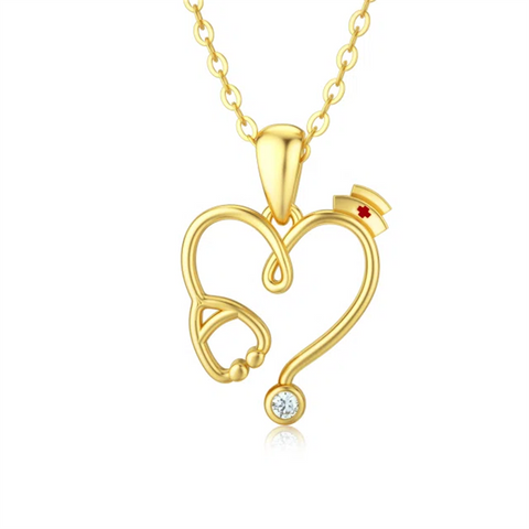 14K Gold Heart-Shaped Stethoscope Pendant Necklace