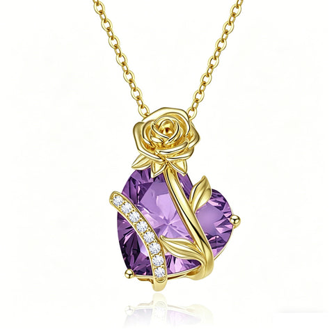 10K 14K 18K Gold Heart Birthstone Rose Pendant Necklace Gifts for Wife Girlfriend Mom Daughter Grandma